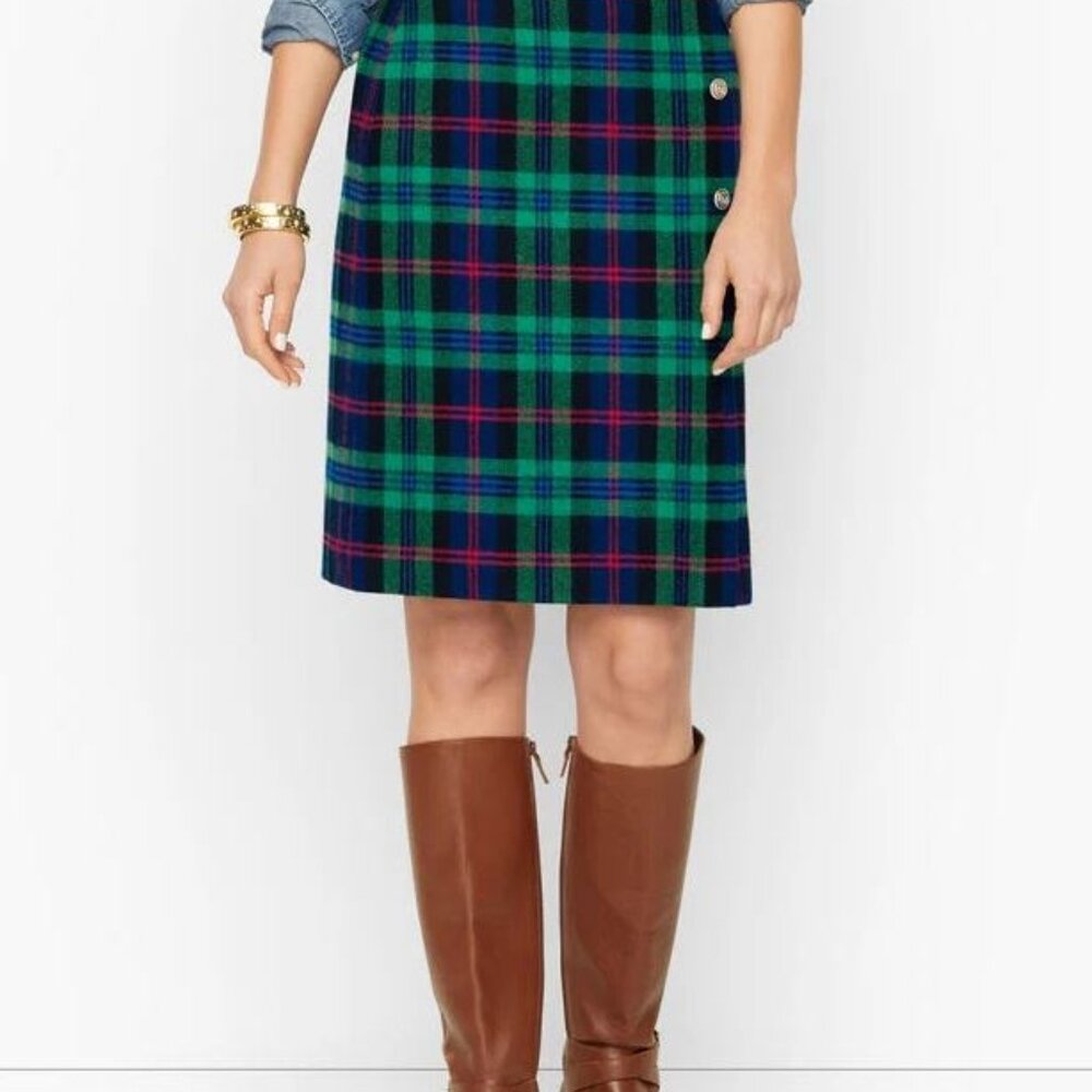 Talbots Wool Blend Green Cheerful Tartan Plaid Faux Wrap Kilt A Line Skirt Sz 6